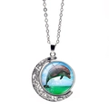Collar luna vintage de plata con colgante giratorio de delfín y cristal azul - Estilo Delfín Saltando del Mar (XSWX5107-8)