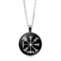Vintage silver chain necklace featuring a round black Viking Vegvisir compass pendant - White Disc Compass Style (XSWX4419-11)