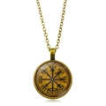 Vintage bronze Viking Vegvisir compass necklace with glass dome and long chain - Yellow Vintage Compass Style (XSWX4420-2)
