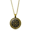 Vintage bronze necklace featuring a round Viking rune glass pendant in a classic design - Helm Of Awe Style (XSWX4420-7)