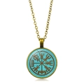 Vintage bronze Viking Vegvisir compass pendant necklace with light blue glass dome - Cyan Background Compass Style (XSWX4420-9)