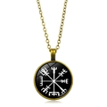 Vintage bronze Viking compass necklace with a glass dome Vegvísir pendant on white background - White Disc Compass Style (XSWX4420-11)