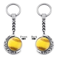 Vues avant et arrière du porte-clés rotatif double face en forme de lune avec softball - Motif de Baseball Jaune (XSWX5266-2)