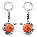 Rotating basketball keychain with silver crescent moon pendant and double-sided glass dome - Basketball Pattern (XSWX5266-8)