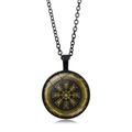 Viking Compass pendant necklace with golden Vegvisir symbol on black glass dome - Helm Of Awe Style (XSWX4421-7)