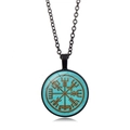 Viking Vegvisir compass pendant necklace with green background and black chain link - Cyan Background Compass Style (XSWX4421-9)