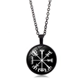 Black Viking compass pendant necklace with Vegvisir symbol and matching metal chain - White Disc Compass Style (XSWX4421-11)