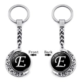 Detailed front and back view of silver moon pendant keychain with letter E design - Initial E Style (XSWX5286-E)