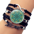 Multilayer leather bracelet with silver infinity symbol and mandala charm on wrist - Cyan Green Mandala Pattern Style (XSWX5392-12)