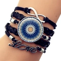 Close-up of multilayer leather bracelet with infinity symbol and Love charm - Blue Purple Radial Mandala Style (XSWX5392-7)