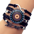 Detail of multi-layer leather bracelet with infinity symbol and mandala glass charm - Symmetrical Color Mandala Style (XSWX5392-6)