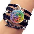 Close-up of multilayer leather bracelet with infinity symbol and Love pendant charm - Cyan Geometric Mandala Style (XSWX5392-3)