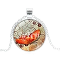 Silver-plated vintage pendant necklace with orange butterfly glass cabochon charm - Silver-5