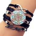 Macro detail of multilayer leather bracelet featuring Love charm and mandala glass dome - Colorful Floral Mandala Style (XSWX5392-2)