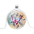 Silver chain necklace with a round glass pendant featuring a colorful butterfly design - Silver-6