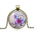 Vintage bronze necklace featuring a round glass pendant with a colorful butterfly motif - Antique Bronze-1