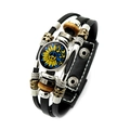 Black multilayer leather bracelet with sunflower peace sign glass bead and metal charms - Peace Sign Sunflower Style (Style-7)