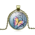 Vintage bronze butterfly pendant necklace with colorful glass cabochon wing patterns - Antique Bronze-4