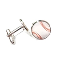 Boutons de manchette baseball pour hommes en métal argenté avec des détails de couture rouge - Motif Baseball Classique (XSWX5268-10) / Argent