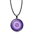 Detail of the purple Mandala flower glass pendant with silver frame and black cord - Mandala Pattern (XSWX5390-4) / Silver