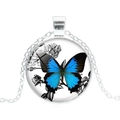 Vintage silver necklace featuring a blue butterfly and rose glass gem pendant - Silver-7