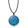 Detail of bohemian mandala necklace with blue glass dome and black braided cord - Mandala Pattern (XSWX5390-8)