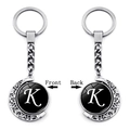 Silver crescent moon rotating keychain with letter K on glass dome pendant and front-back view - Initial K Style (XSWX5286-K)