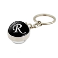 Silver metal keychain with letter R printed on a black round dome pendant - Letter R(XSWX5287-R)