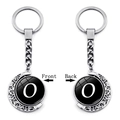 Rotating silver moon keychain with letter O glass gem pendant showing front and back view - Initial O Style (XSWX5286-O)
