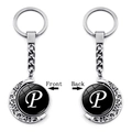 Rotating silver moon keychain featuring double-sided glass pendant with letter P - Initial P Style (XSWX5286-P)