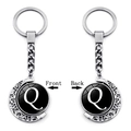 Rotating moon keychain with letter Q on black glass gem with silver metal frame - Initial Q Style (XSWX5286-Q)
