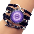 Black leather multi-layer wrap bracelet with purple mandala glass charm and infinity love pendant - Purple Radial Mandala Style (XSWX5392-4)