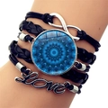 Multi-layer braided leather bracelet with blue mandala and Love infinity charms - Dark Blue Geometric Mandala Style (XSWX5392-5)