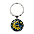 Silver metal keychain with sunflower peace sign and blue-yellow butterfly glass dome - Silver