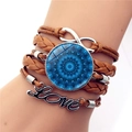 Brown braided leather multilayer bracelet with blue mandala and infinity charm - Brown Blue Mandala Style (XSWX5392-5)