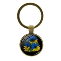Bronze keychain with blue and yellow sunflower design in glass cabochon pendant - Three Sunflowers (XSWX5352-2) / Antique Bronze
