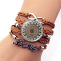 Brown leather multi-layer wrap bracelet with infinity symbol and Love metal charms - Brown Art Mandala Style (XSWX5392-9)