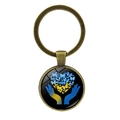 Vintage bronze keychain featuring blue and yellow butterfly heart glass pendant - Hands Holding Butterfly Heart (XSWX5352-6) / Antique Bronze