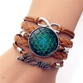 Brown leather multi-layer wrap bracelet featuring mandala pendant and Love charm - Brown Green Blue Mandala Style (XSWX5392-11)