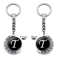 Double-sided rotating silver crescent moon keychain with black letter T glass pendant - Initial T Style (XSWX5286-T)