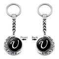 Rotating silver moon keychain featuring double-sided glass pendant with letter V - Initial U Style (XSWX5286-U)