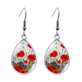 Silver teardrop earrings with red poppy flower glass gem and retro art pattern - Grey Texture Background Poppy Style (XSWX5464-1)
