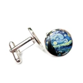 Detailed view of silver cufflinks with Van Gogh Starry Night oil painting glass dome - Starry Night Pattern (XSWX4125-2)
