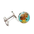 Macro view of silver cufflinks with Van Gogh Sunflower art under glass cabochon - Art Sunflowers Pattern (XSWX4125-12)