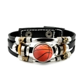 Detail of multi-layer leather bracelet featuring a basketball themed glass charm and metal beads - Basketball Style (JY007983-1)