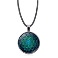 Flower of Life mandala glass pendant necklace with blue-green gradient on black cord - Blue-Green Gradient Dots Style (XSWX5390-11)