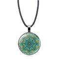 Mandala Flower of Life glass pendant necklace with teal green pattern and black cord - Cyan-Green Mandala Flower Style (XSWX5390-12)