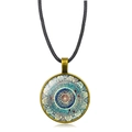 Vintage bronze mandala pendant necklace with blue-green glass pattern and black cord - Blue-Green Mandala Pattern (XSWX5390-1)