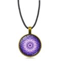 Mandala Flower of Life glass dome necklace with bronze finish and black rope cord - Purple-White Symmetrical Geometric Pattern (XSWX5390-4)