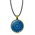 Blue mandala glass pendant necklace with vintage bronze alloy base and black cord - Blue Kaleidoscope Mandala Texture (XSWX5390-5)